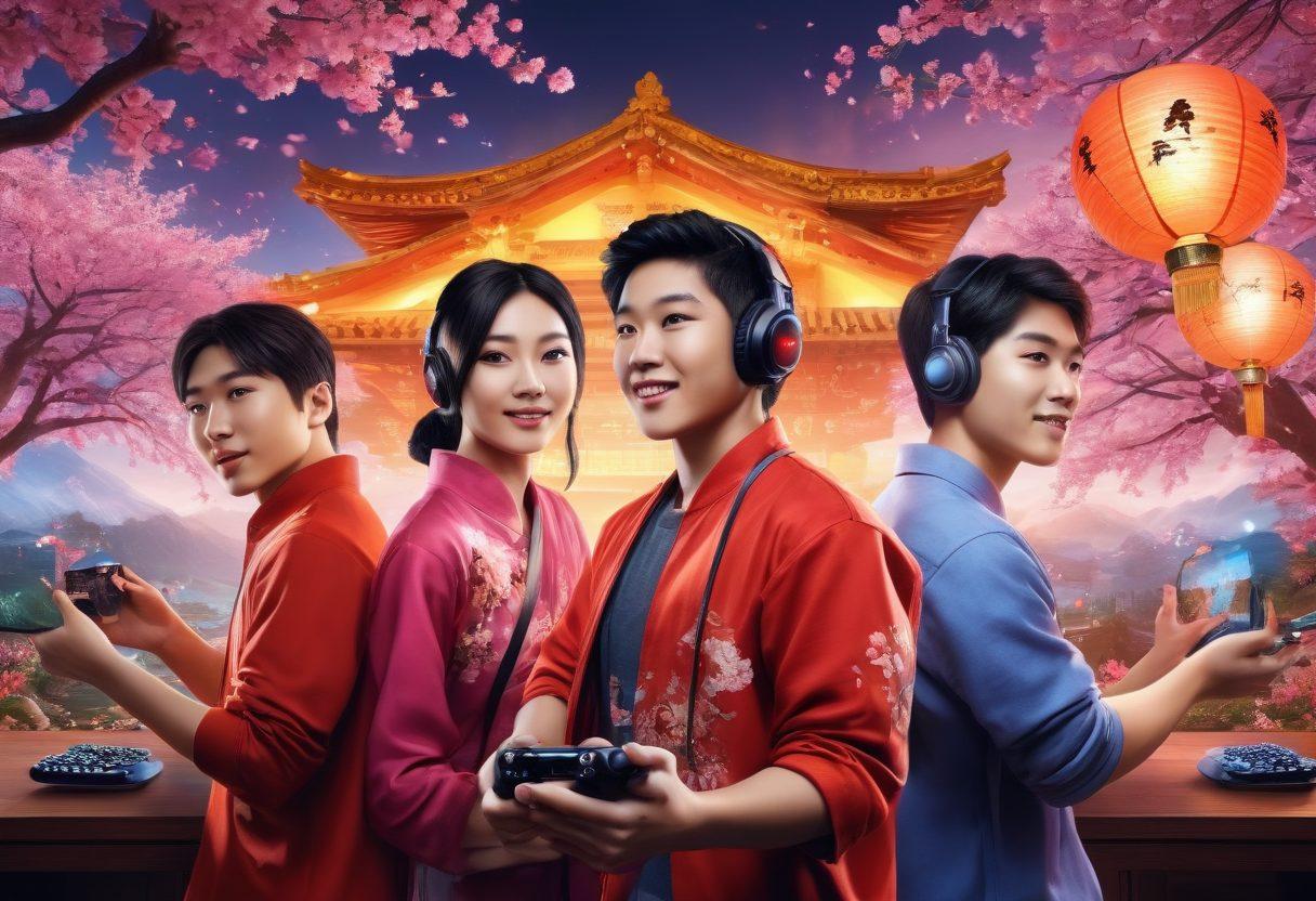 A visually striking collage depicting a diverse group of enthusiastic gamers in a vibrant digital environment, showcasing popular Asian online games on screens. Include elements like enticing bonuses, virtual rewards, and cultural Asian motifs like lanterns and cherry blossoms in the background. The atmosphere should exude excitement and innovation, representing premium gaming offers. super-realistic. vibrant colors. 3D.