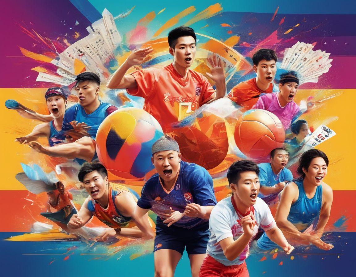 A dynamic collage showcasing a diverse group of people enjoying various Asian sports, with elements of betting slips, vibrant online gaming interfaces, and traditional cultural motifs. Include bright colors, exciting expressions, and a sense of community and celebration in sports. The background should be an abstract representation of technology and digital connectivity. vibrant colors. modern illustration.