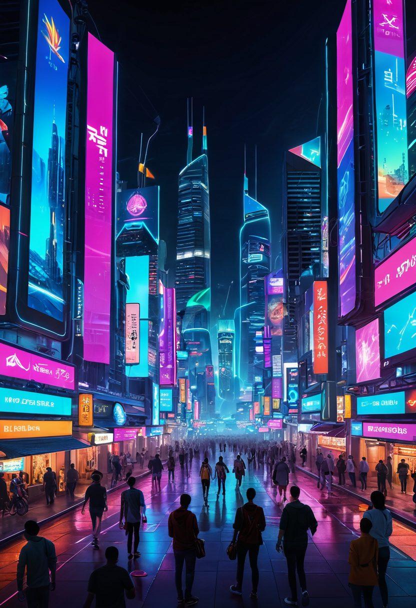 A vibrant collage depicting a futuristic Asian city skyline illuminated with neon lights, featuring diverse people joyfully engaging in interactive gaming and betting within sleek, high-tech environments. Include elements like holographic displays of sports statistics, colorful game interfaces, and icons of happiness such as a sun and smiley faces. The scene should evoke energy, excitement, and the promise of innovation in gaming. cyberpunk. vibrant colors. 3D.